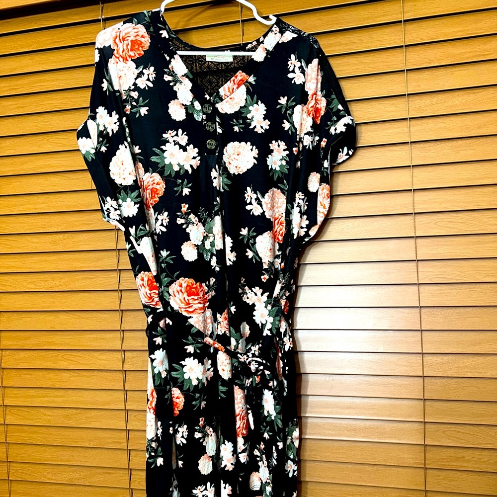 Bobbie Brooks Dress Belted Floral Lace Cap Sleeves Soft V-Neck Womens Plus S: 3X